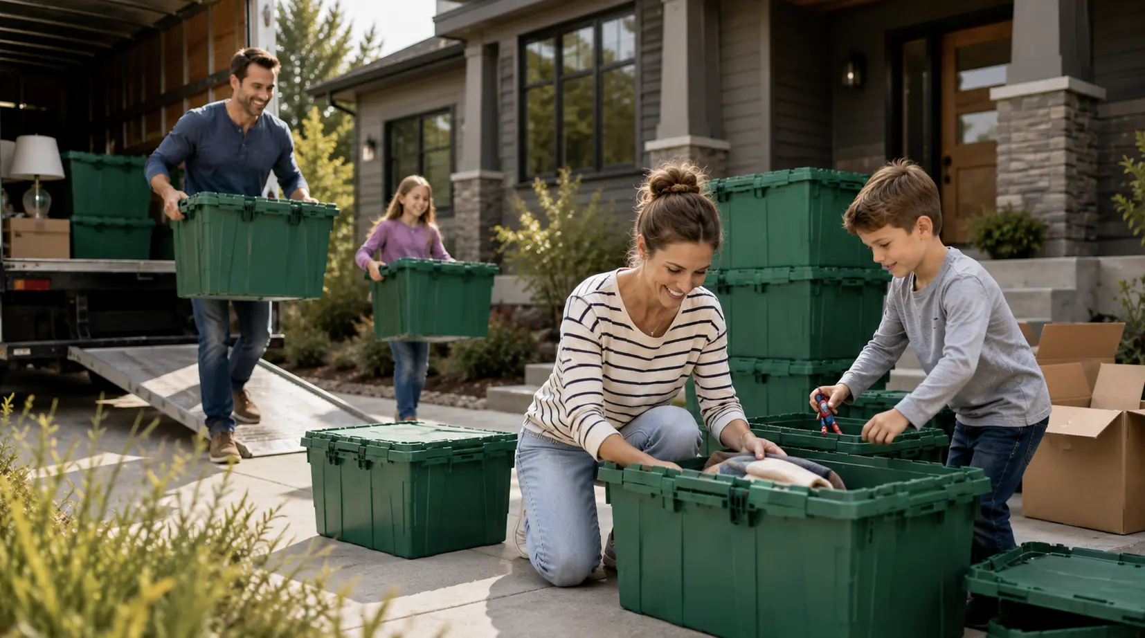 Family unloading green moving totes from a truck at a Hamilton County home