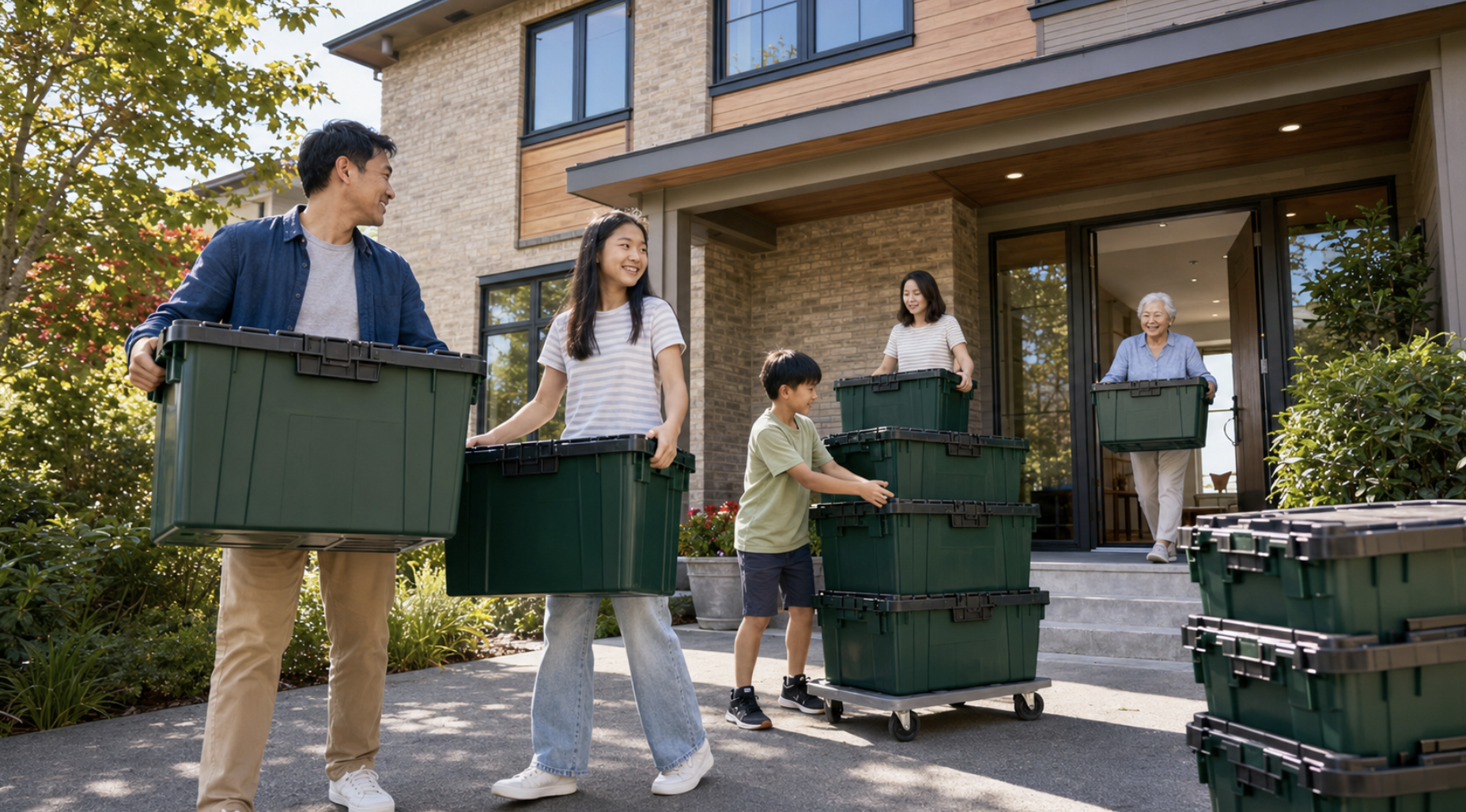 Multi-generational family carrying green rental totes into a home in Carmel Indiana