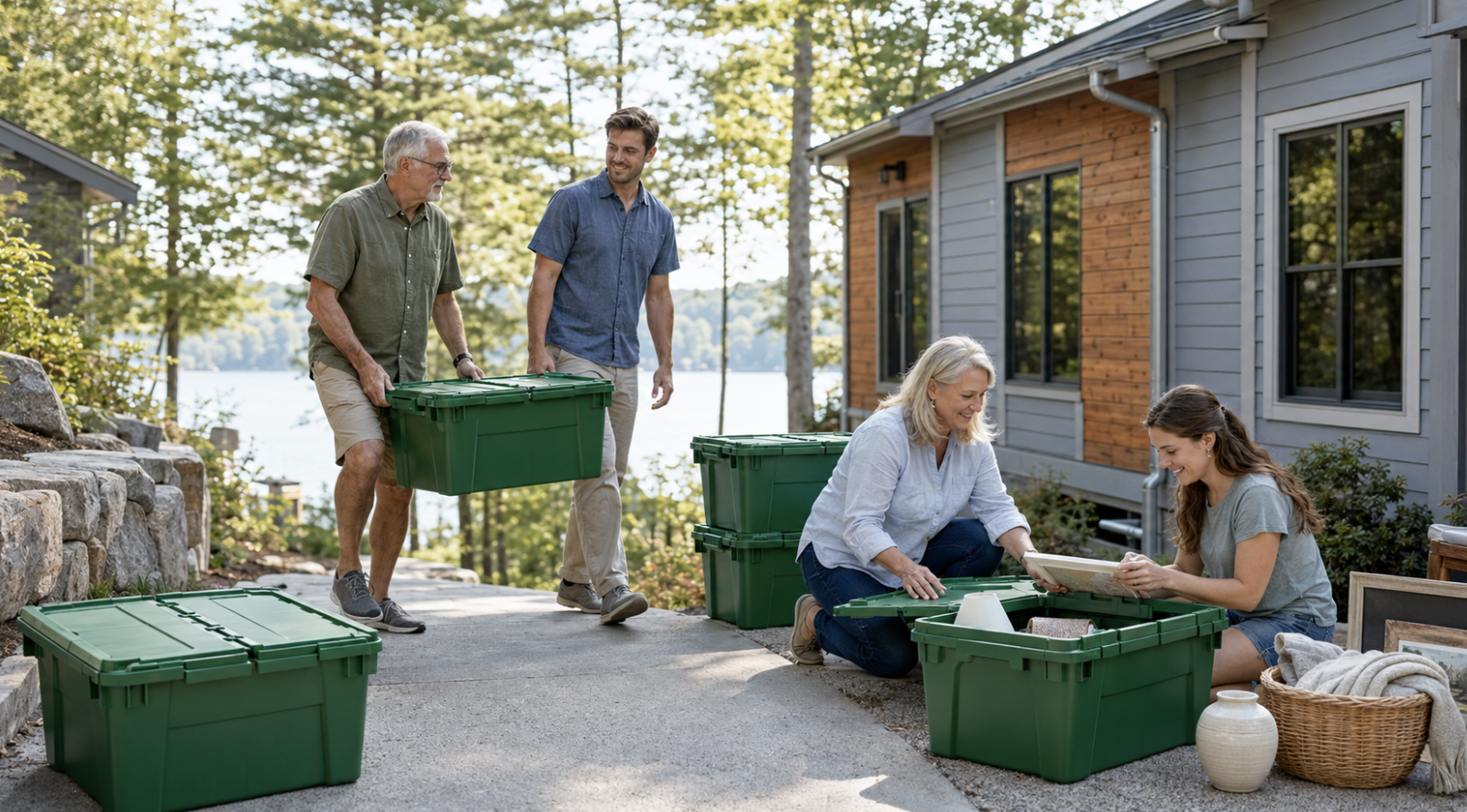Family unpacking green moving totes in their new home