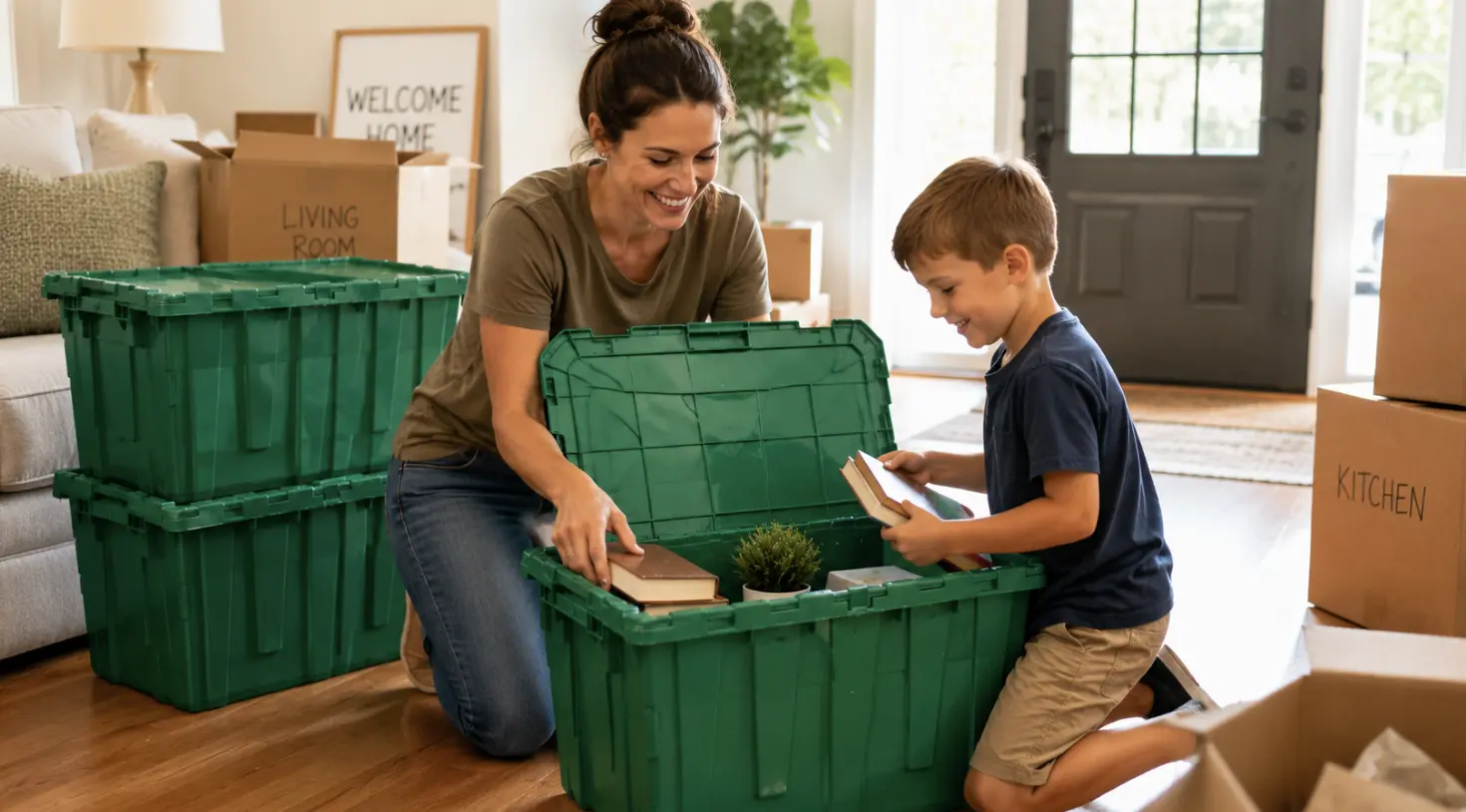 Mother and son packing green moving totes together