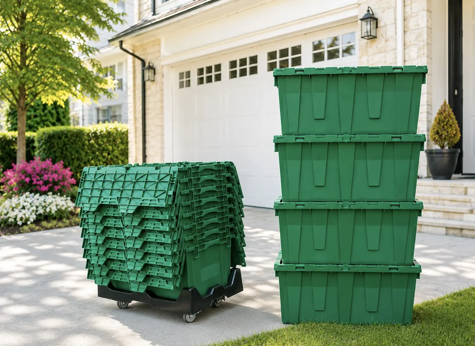 Green moving totes stacked in a driveway ready for delivery